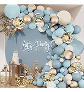 Dusty Blue Balloon Garland Kit, Dusty Slate Fog Baby Blue Metallic Gold Sand White Balloons and G...