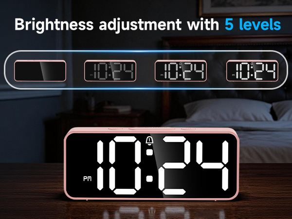 5 level brightness dimmer LED alarm clock adjustable display for nightstand bedroom white digits