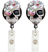 2Pcs Colourful Skull Diamond Badge Reel Cute Retractable Rhinestone Badge Holder Name ID Badge Cl...