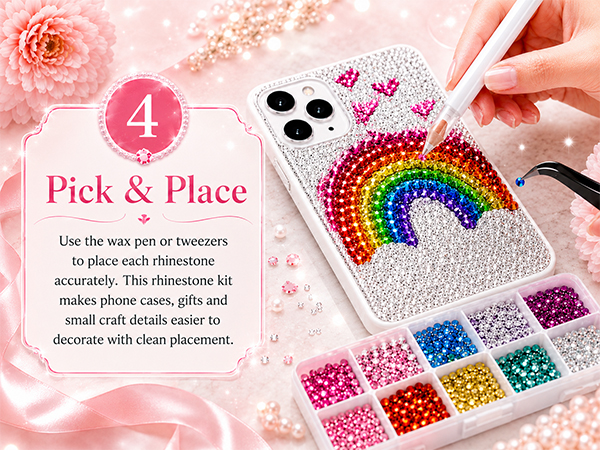 Wax pen and tweezers placing rhinestones on phone case and gift DIY projects