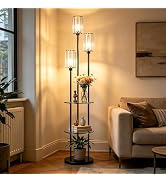 VANZBON Black Floor Lamp with Shelves, Modern Floor Lamp with 3 Crystal Shades and Foot Switch, 3...
