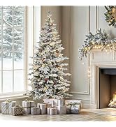YITAHOME Potted Pre-lit Flocked Arctic Fir Pencil Tree, 4.5 ft Slim Christmas Tree with 11 Pre-De...