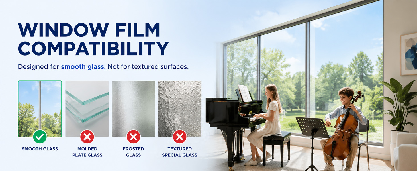 Children near a smooth window with home window tint compatibility icons