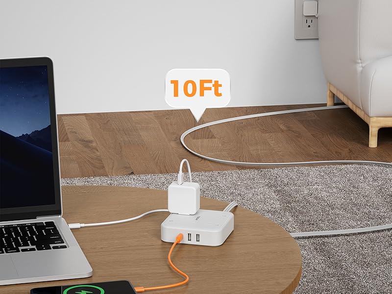 10Ft Long Extension Cord Power Strip