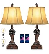 Set of 2 Touch Control 3-Way Dimmable Table Lamps with 2 USB Charging Ports Traditional Bedside L...