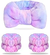 WSYUB Spa Headband and Matching Wrist Bands for Washing Face, Fuzzy Skincare Bow Headbands, Soft ...