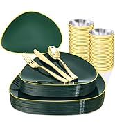 DaYammi 180Pcs Green Plastic Plates, Green Gold Disposable Plates with Gold Silverware Dinnerware...
