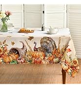 Horaldaily Fall Thanksgiving Tablecloth 60×84 Inch Rectangular, Turkey & Pumpkin Maple Leaf Harve...