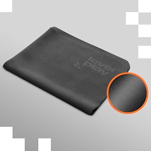 Slim, dark gray leather sleeve or case with embossed logo. Close-up inset shows fine-grained texture of the material surface.