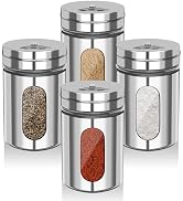4 PCS Stainless Steel Salt and Pepper Shakers with Adjustable Pour Holes – Elegant Glass and Meta...