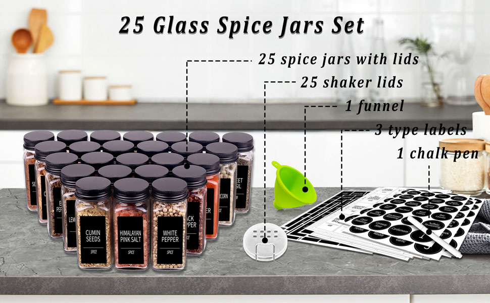 25 spice jars with black lids