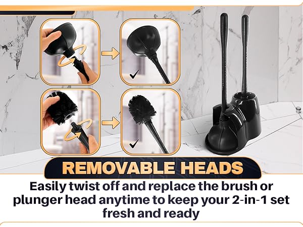 Hands twist the heads off a 2 in 1 toilet brush and plunger set standing in its black holder