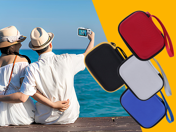 Beach scene featuring people taking selfie, alongside product display of portable cushions or seat pads in various colors: red, black, gray, and blue.
