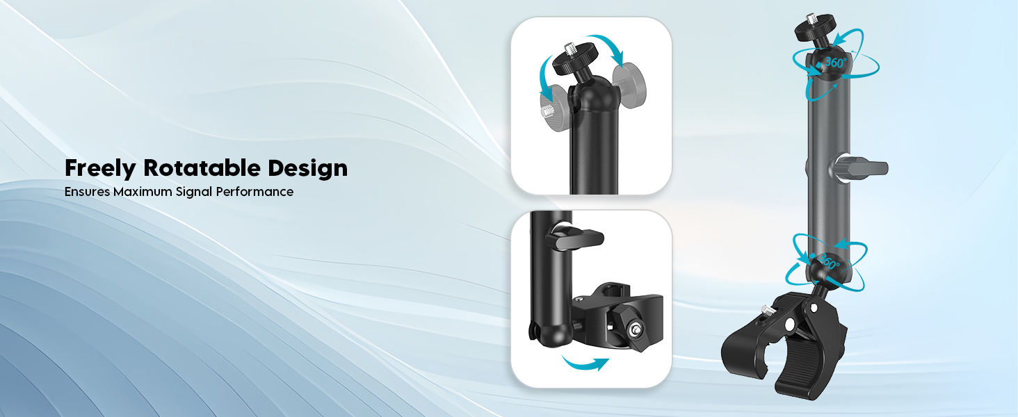 Text reads 'Freely Rotatable Design'. Product diagram showing adjustable mounting system with multiple positions and rotation capabilities.