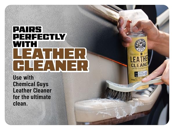 Use after spraying cleaner and before wiping and conditioning leather.