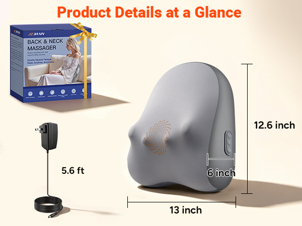 Compact back & neck massager with a 13" × 12.6" design and 5.6 ft power cord for easy home use.