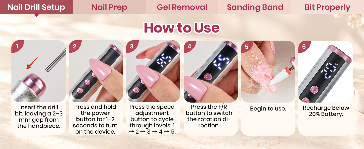 Beetles Cordless Nail Drill, 7 Bits Electric Nail File 5 Speeds LED Display,Rechargeable Nail Drill