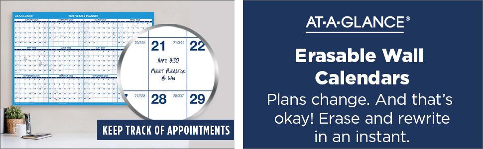 AT A GLANCE erasable wall calendars plans change and that's okay, erase and rewrite in an instant