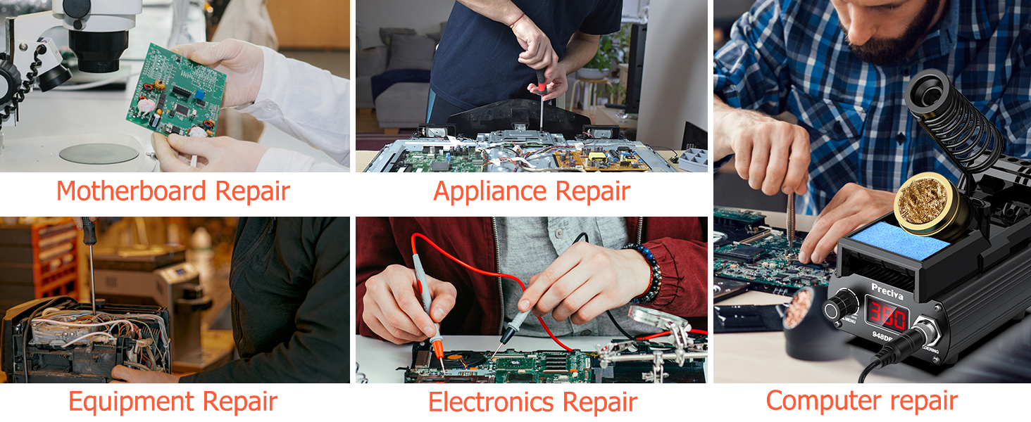 Collage of six repair service images showing electronics maintenance, including motherboard, appliance, equipment, electronics, and computer repair scenarios.