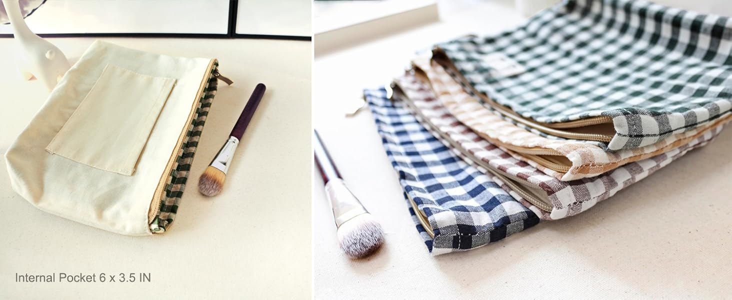gingham makeup bag, canvas lining, durable zipper, large capacity, khaki green navy blue coffebrown