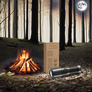 A rugged flashlight illuminating a serene forest path at night, with the product's beam cutting thro