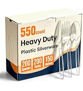 550 Count Plastic Silverware Heavy Duty,Clear Disposable Plastic Utensils Set,200 Forks, 200 Spoo...
