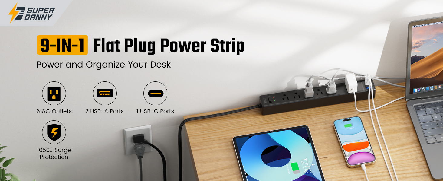 SUPERDANNY Surge Protector Power Strip Flat Plug