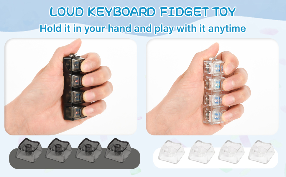 Loud keyboard fidget toy in black and clear versions. Handheld device with four clickable buttons, designed for tactile stimulation and stress relief. Comes with storage base.