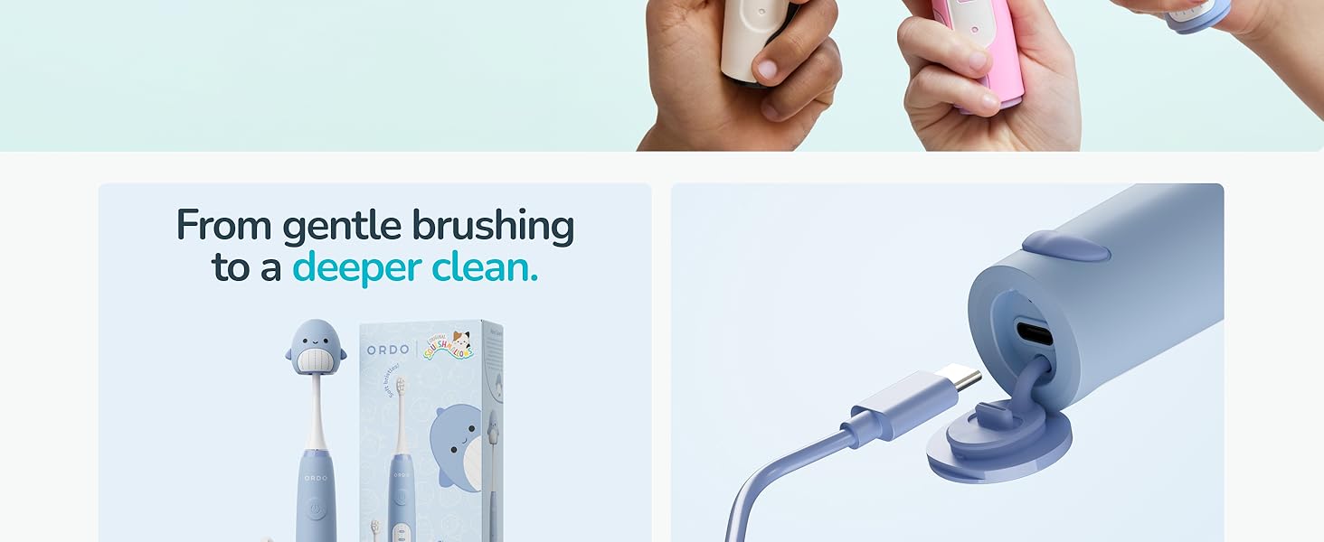 Text reads 'From gentle brushing to a deeper clean'. Product demonstration sequence showing various cleaning or brushing motions.