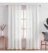 Turquoize White Linen Curtains 96 Inches Long Semi Sheer Curtains Light Filtering Linen Drapes fo...