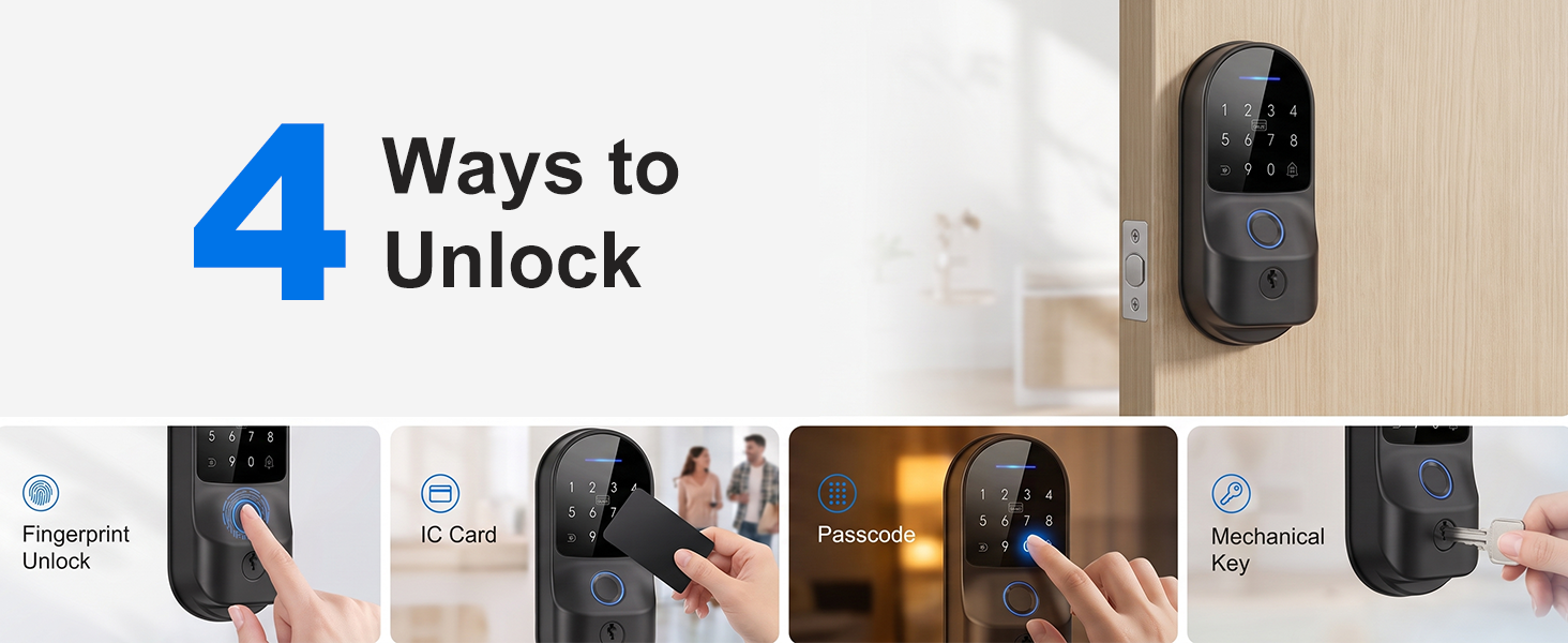 Choose fingerprint, passcode, IC card, or mechanical key for convenient, flexible access