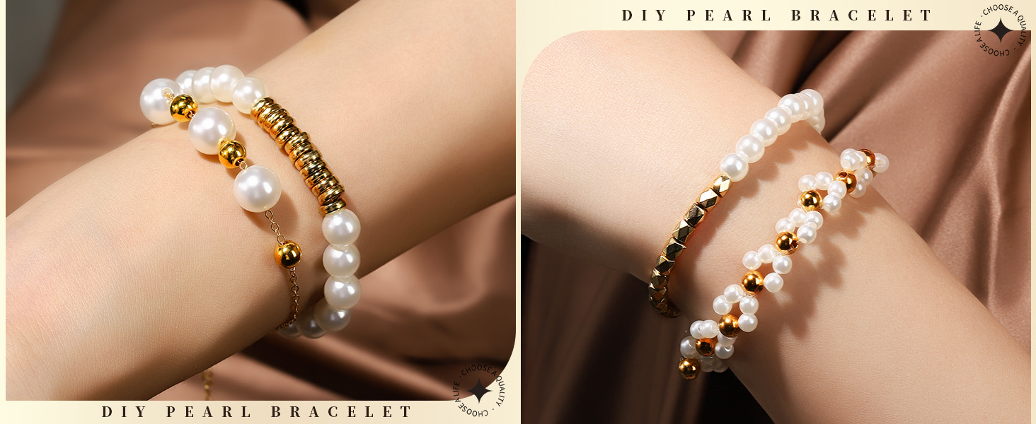 BRACELETS MIXED BY PEARL BEADS & GOLDEN SPACER BEADS