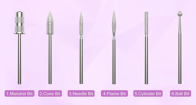with 6 diamond nail drill bits 3/32" , flame bit, cone bit, barrel bit, ball bit