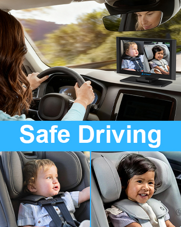 Text reads 'Safe Driving'. Vehicle interior showing rearview mirror monitor system with occupants in vehicle demonstrating safe driving practices.
