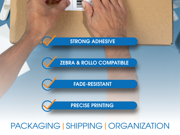 Text calls out adhesion, clarity, and compatibility for use in packaging, shipping, and organization