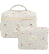 LYDZTION 2PCS Floral Quilted Makeup Bag Set for Women,Cosmetic Bag Coquette Travel Makeup Bag Pou...