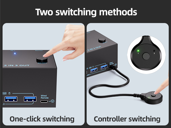 Use press the button on the panel or use the wired remote(included) to switch the computers