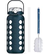 MUKOKO Half Gallon/64 oz Glass Water Bottles with Straw and Lid,Motivational Water Jug with Time ...