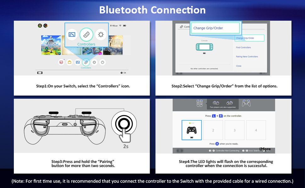 Shows how to connect the controller to the Switch via Bluetooth.