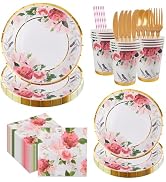 280pcs Spring and Summer Floral Party Supplies Red Flower Disposable Tableware Set Paper Plates P...