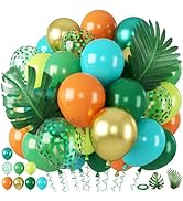 Dinosaur Balloons Set, 12 Inch Dark Green Teal and Orange Balloons, Metallic Gold Green Confetti ...