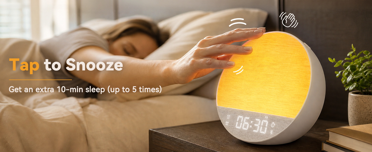 Tap to snooze alarm clock with white noise allowing extra sleep for heavy sleepers.