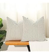 Hckot Black and Beige Patchwork Farmhouse Throw Pillows Covers 18 x 18 Inch, Pack of 2 Striped De...