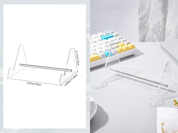 Clear acrylic or plastic display stand shown from two angles - technical diagram view and product photo against white background.
