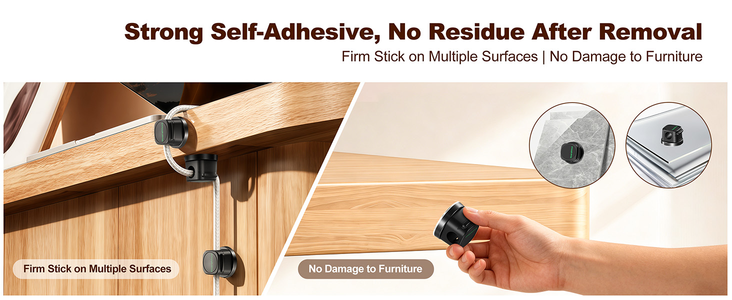 Self adhesive cable clips removable no residue glue won't scratch furniture
