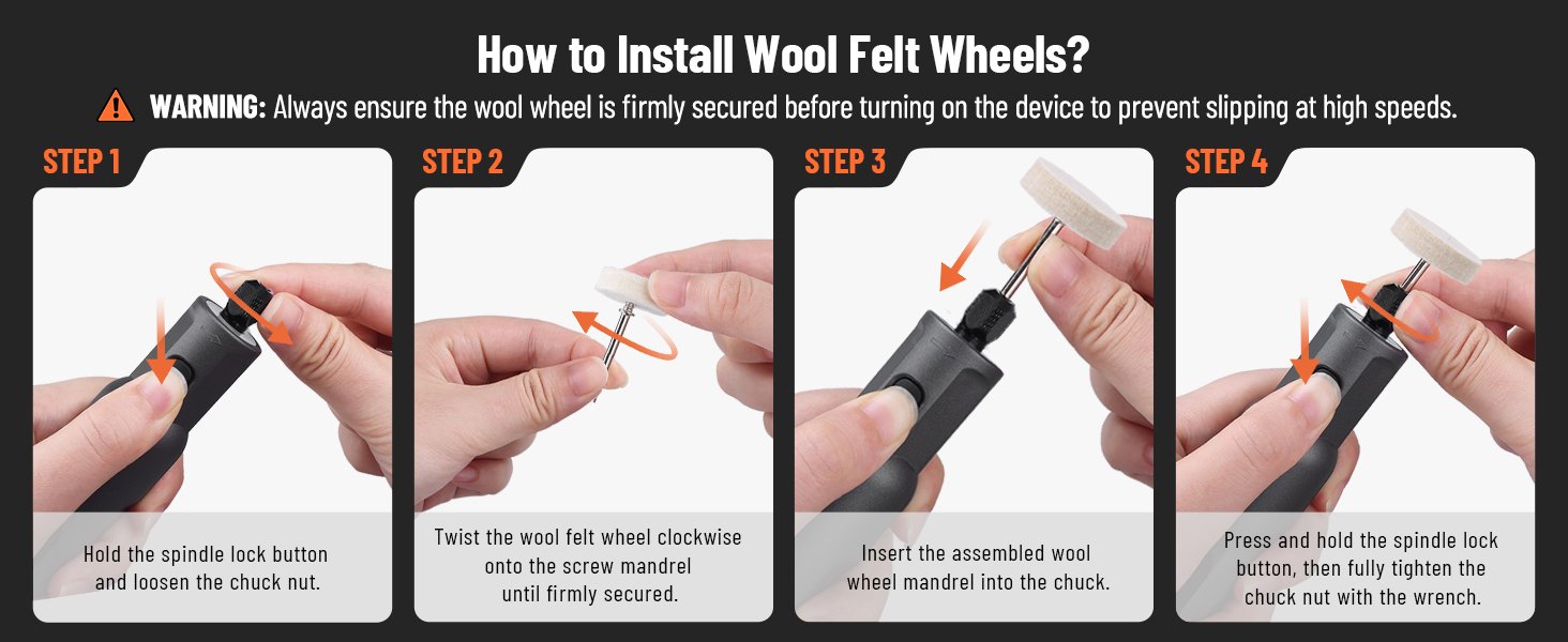 Clear steps for attaching polishing accessories, suitable for finishing tasks.