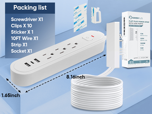 sakerplus flat power strip with usb ports