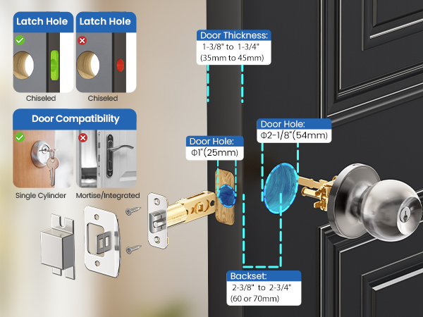 Universal fit door knob installation adjustable latch 2 3 8 inch 2 3 4 inch standard door