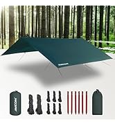Camping tarp set with green waterproof canopy, storage bags, ropes, and stakes. Tarp shown set up in forest setting, demonstrating shelter functionality for outdoor use.