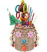 YIXUND Bird Toys,Seagrass Foraging Basket Bird Toy with Colorful Crinkly Paper Wooden Blocks Pape...